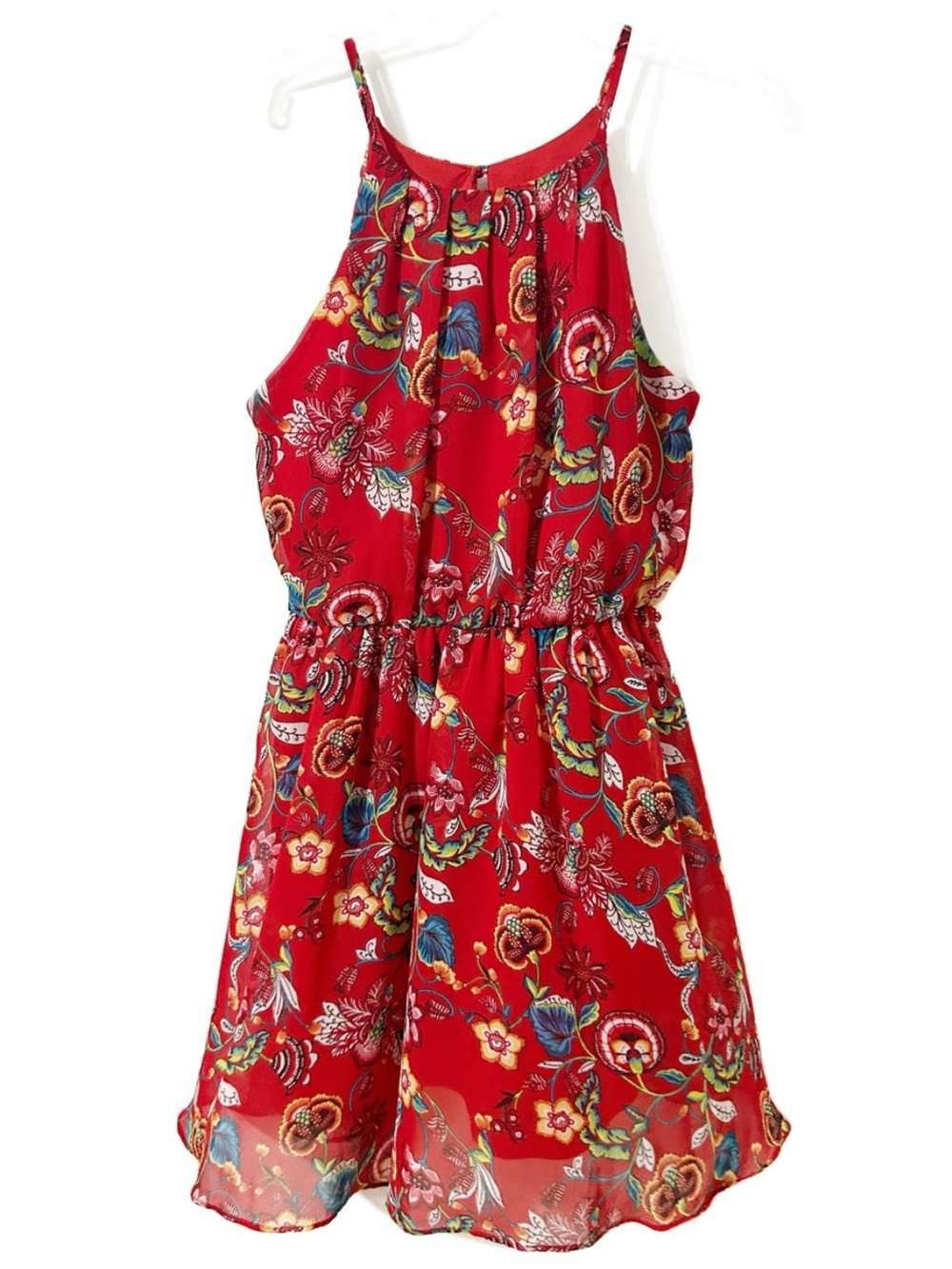 Amywear Red Floral Chiffon Summer Sundress Boho Halter Sleeveless Lined Small